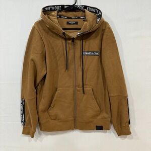 Kenneth Cole Hoodie Mens Small Brown Full Zip Logo Tape Trim Streetwear